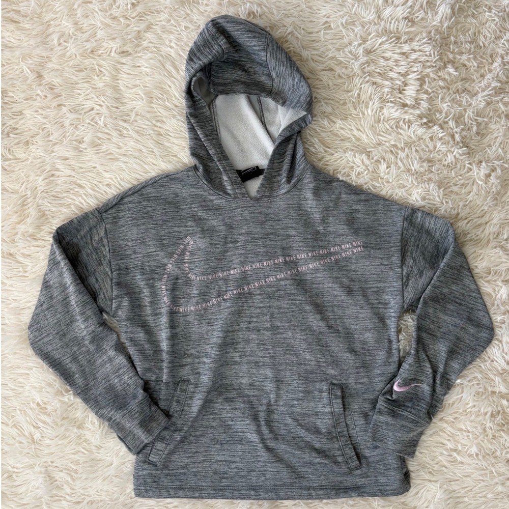Nike Dri Fit Gray Hoodie Kids‎ Medium Pink Logo Long Sleeve Pullover youth Med